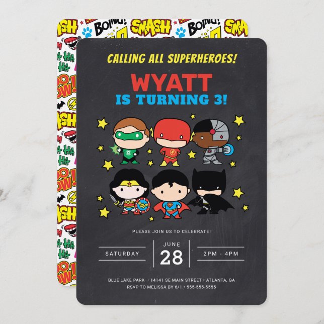 Chibi Justice League Chalkboard Birthday Invitatio Invitation (Front/Back)