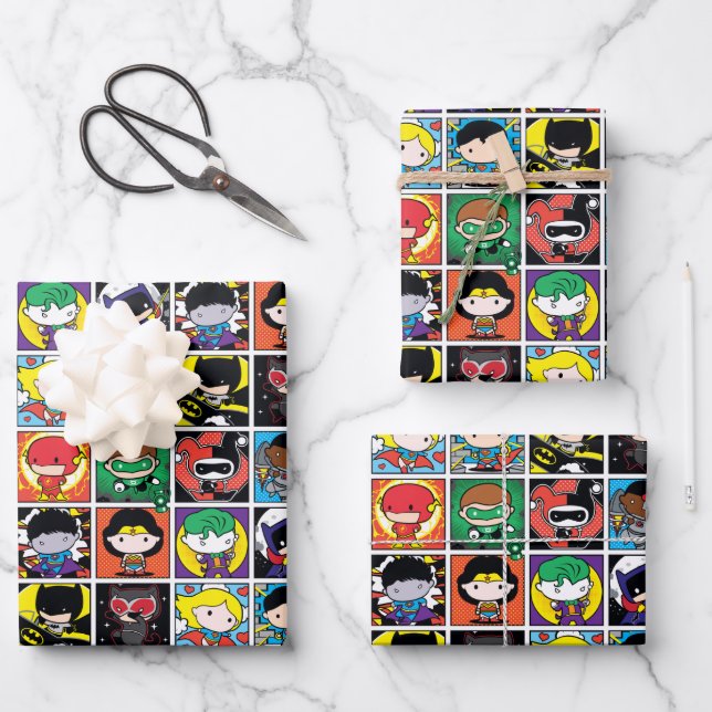 Chibi Justice League Character Pattern Wrapping Paper Sheets (Front)