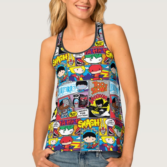 Chibi Justice League Comic Book Pattern Tank Top (Front)