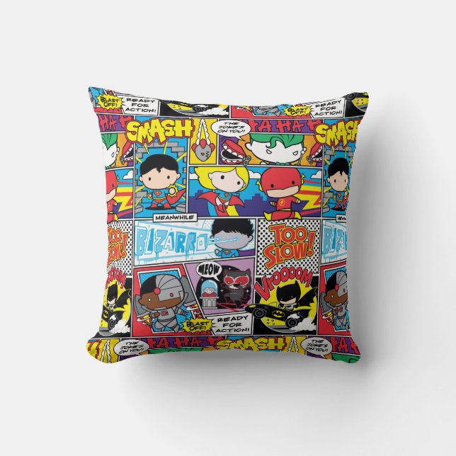 Chibi Justice League Comic Book Pattern Throw Pillow (Front)