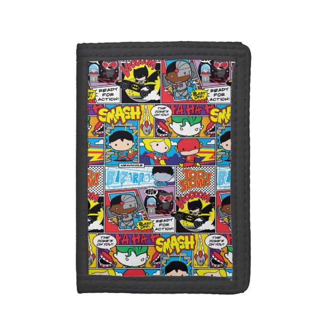 Chibi Justice League Comic Book Pattern Tri-fold Wallet (Front Vertical)