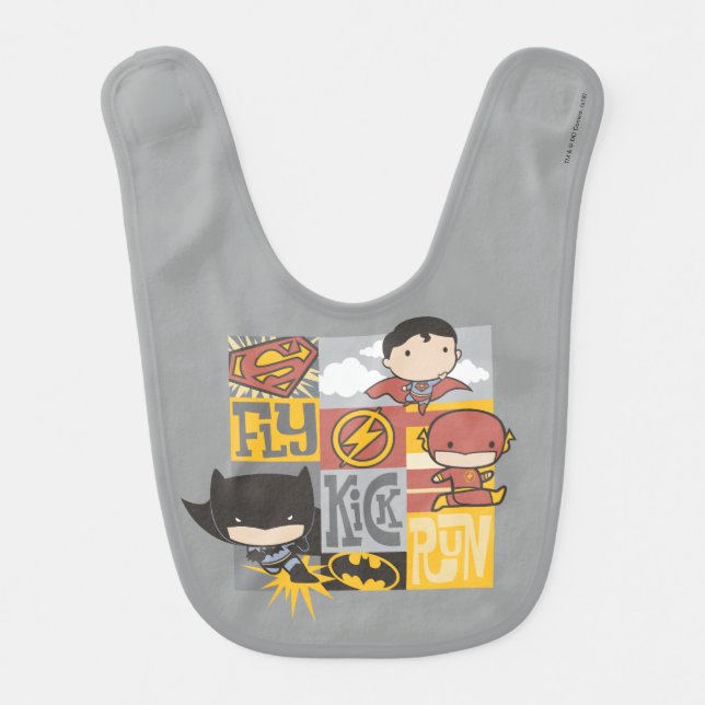 Chibi Justice League | Fly, Kick, Run Baby Bib (Front)