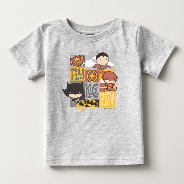Chibi Justice League | Fly, Kick, Run Baby T-Shirt (Front)