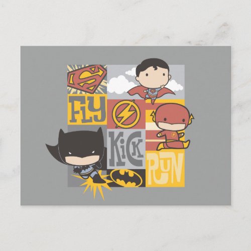 Chibi Justice League  Fly Kick Run Postcard