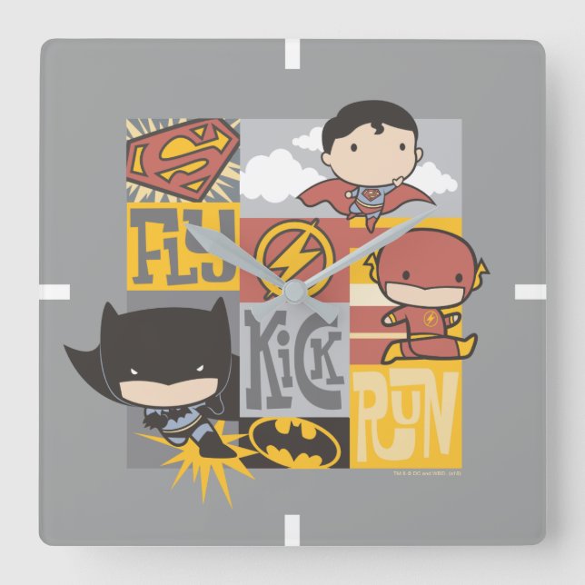 Chibi Justice League | Fly, Kick, Run Square Wall Clock (Front)