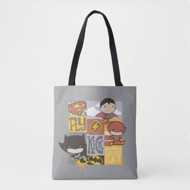 Chibi Justice League | Fly, Kick, Run Tote Bag (Front)