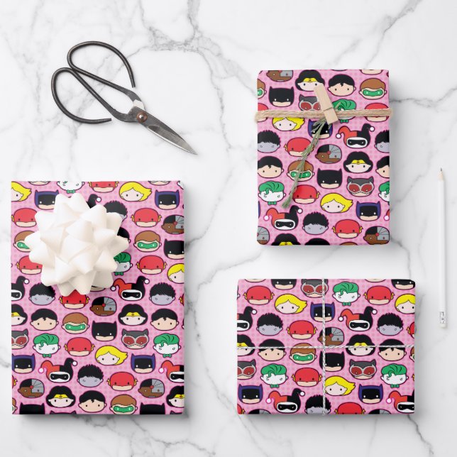 Chibi Justice League Head Pattern Wrapping Paper Sheets (Front)