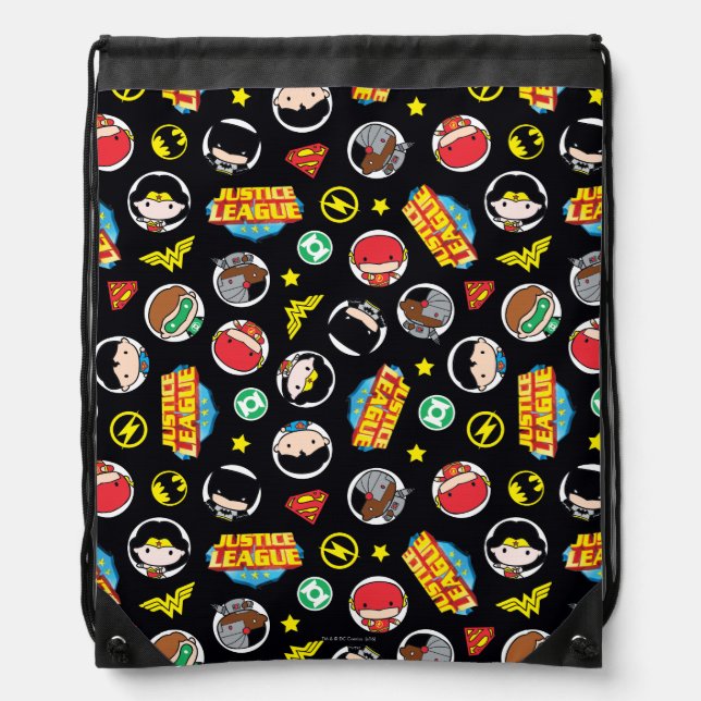 Chibi Justice League Heroes and Logos Pattern Drawstring Bag (Front)