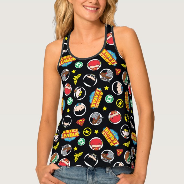 Chibi Justice League Heroes and Logos Pattern Tank Top (Front)