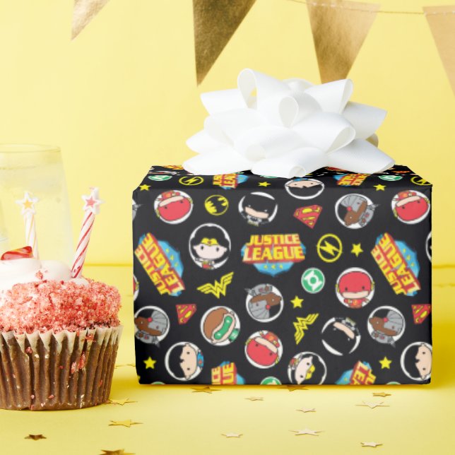 Chibi Justice League Heroes and Logos Pattern Wrapping Paper (Birthday Party)