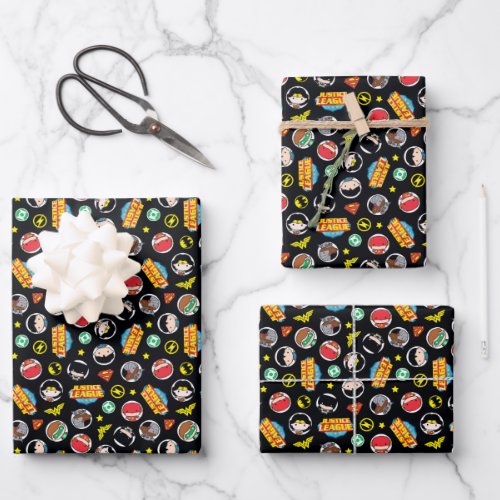 Chibi Justice League Heroes and Logos Pattern Wrapping Paper Sheets