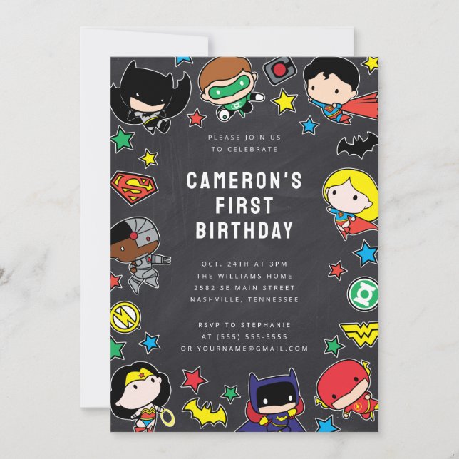 Chibi Justice League Kids Chalkboard Birthday Invitation (Front)