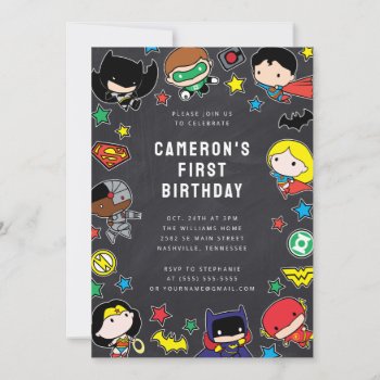 Chibi Justice League Kids Chalkboard Birthday Invitation by justiceleague at Zazzle
