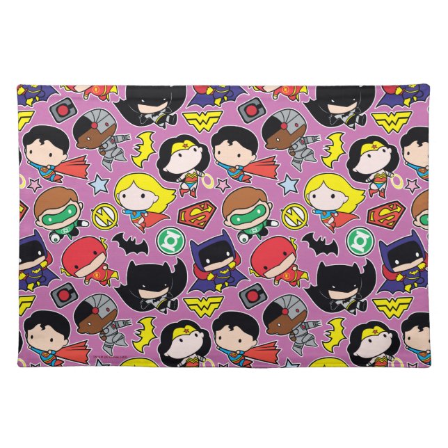 Chibi Justice League Pattern on Purple Cloth Placemat (Front)