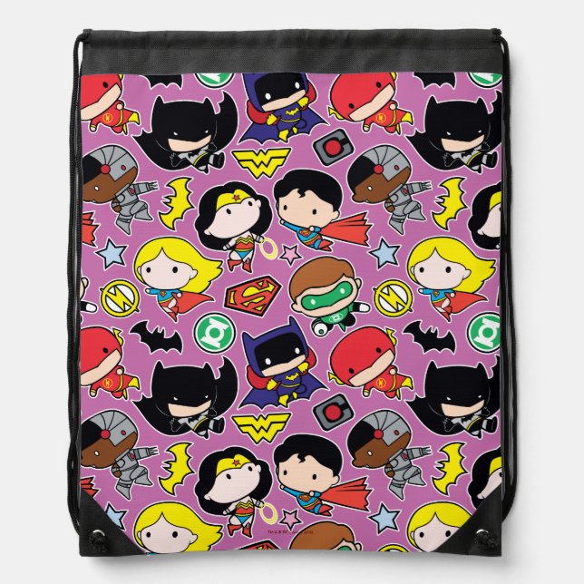 Chibi Justice League Pattern on Purple Drawstring Bag (Front)