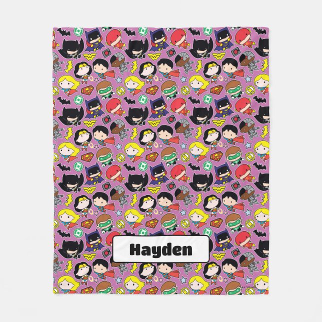 Chibi Justice League Pattern on Purple Fleece Blanket (Front)