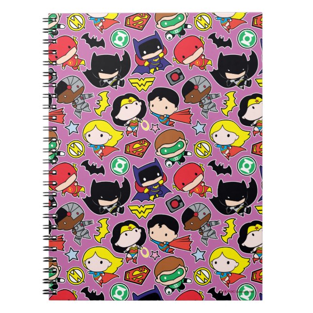 Chibi Justice League Pattern on Purple Notebook (Front)