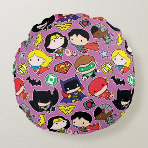 Chibi Justice League Pattern on Purple Round Pillow
