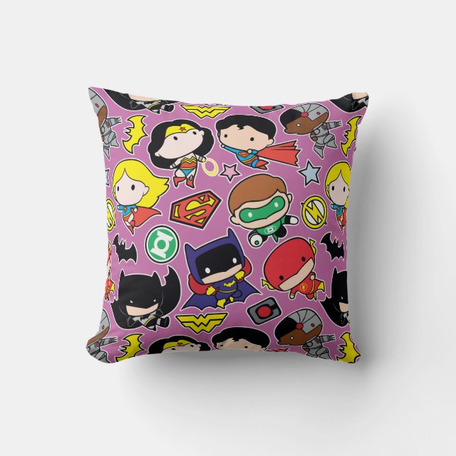 Chibi Justice League Pattern on Purple Throw Pillow (Front)