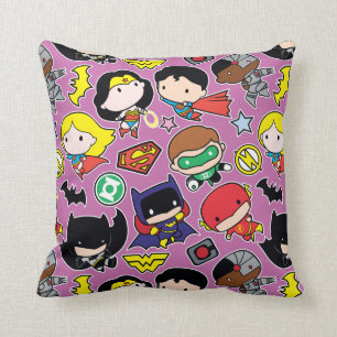 Chibi Justice League Pattern on Purple Throw Pillow