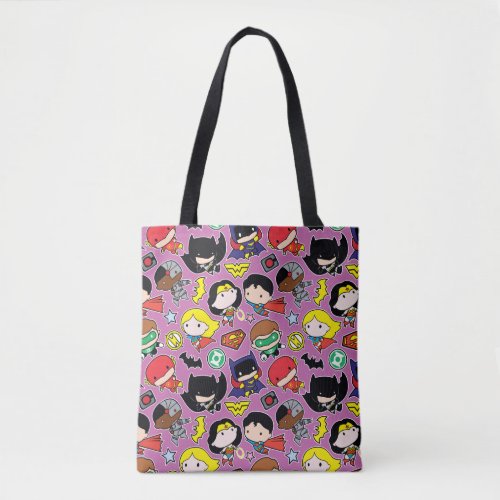 Chibi Justice League Pattern on Purple Tote Bag