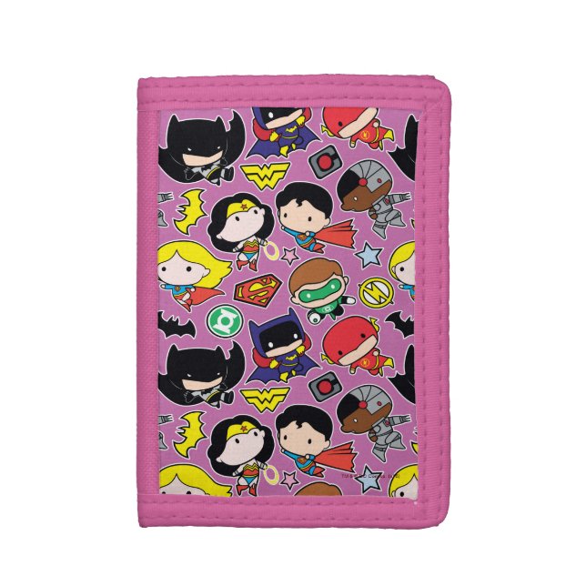 Chibi Justice League Pattern on Purple Trifold Wallet (Front Vertical)