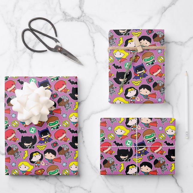 Chibi Justice League Pattern on Purple Wrapping Paper Sheets (Front)