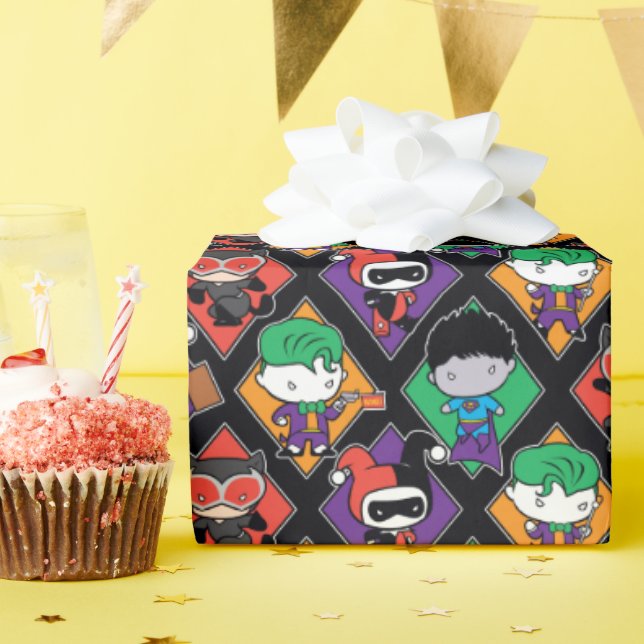 Chibi Justice League Villain Pattern Wrapping Paper (Birthday Party)