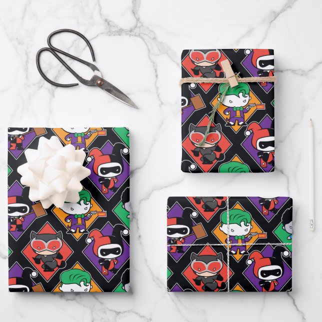 Chibi Justice League Villain Pattern Wrapping Paper Sheets (Front)