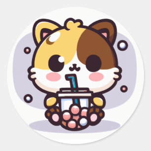 Chibi Kawaii Cat Drinking Bubble Tea Classic Round Sticker