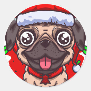 Chibi Kawaii Dog Pug Christmas Circle Sticker
