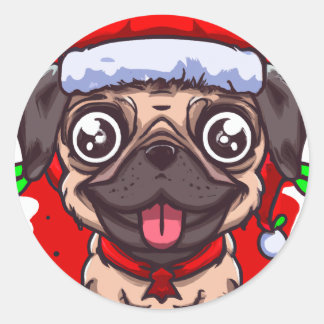 Chibi Kawaii Dog Pug Christmas Circle Sticker