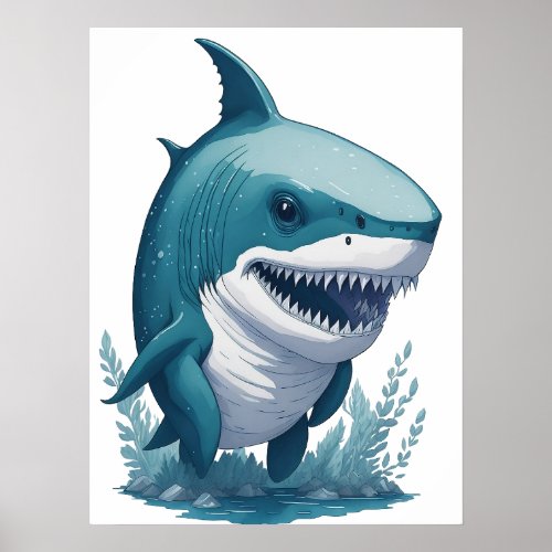 Chibi Kawaii Shark in Watercolor Style Poster