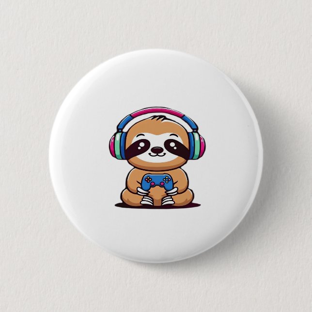Chibi Kawaii Sloth Gamer – Cute Funny Animal with  Button (Front)