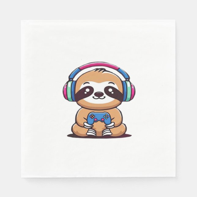 Chibi Kawaii Sloth Gamer – Cute Funny Animal with  Napkins (Front)