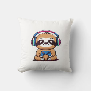 Chibi Kawaii Sloth Gamer � Cute Funny Animal with Throw Pillow