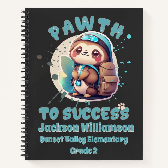 Chibi Kawaii Sloth Name School Grade Learning Aids Notebook (Front)