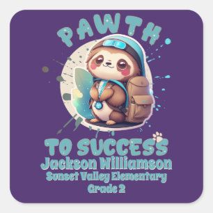 Chibi Kawaii Sloth Name School Grade Square Sticker