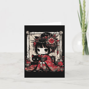 Chibi Kimono Girl Black Cat Flowers Japanese Art W Card