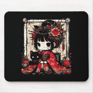 Chibi Kimono Girl Black Cat Flowers Japanese Art W Mouse Pad