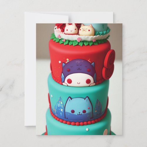 Chibi kitty cat voices green red birthday cake holiday card