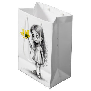 Chibi Little Girl With Yellow Flower Medium Gift Bag