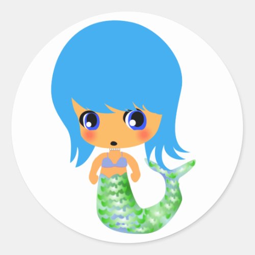 chibi magical mermaid blue hair classic round sticker