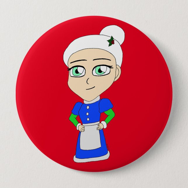 Chibi Mrs. Claus blue suit Button (Front)