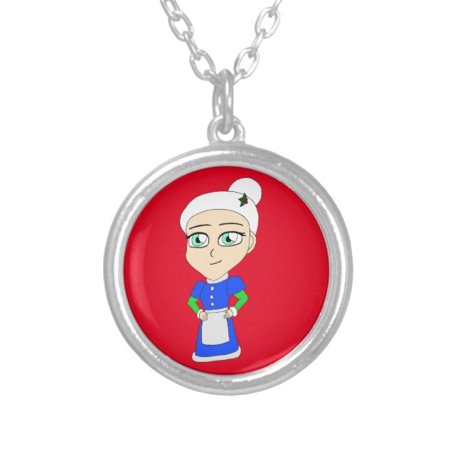 Chibi Mrs. Claus blue suit Silver Plated Necklace (Front)