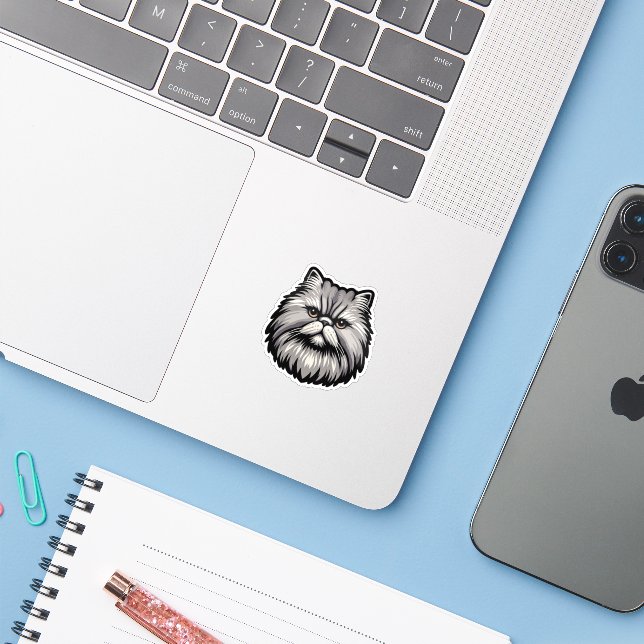 Chibi Persian Cat Head – Kawaii Big Eyes Design Sticker (Laptop w/ iPhone)