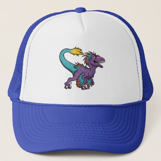 Chibi purple feathered velociraptor trucker hat (Front)