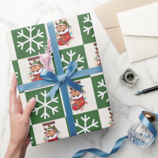 Chibi Reindeer Stocking Checkerboard Snowflakes Wrapping Paper