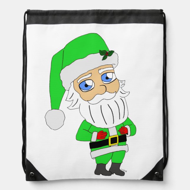 Chibi Santa green suit Drawstring Bag (Front)