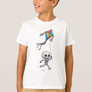 Chibi Skeleton Flying Colorful Kite Kids T-Shirt